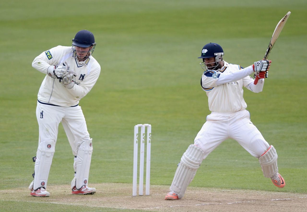 Cheteshwar Pujara goes through the off side, Yorkshire v Warwickshire, County Championship, Division One, Headingley, 2nd day, April 27, 2015