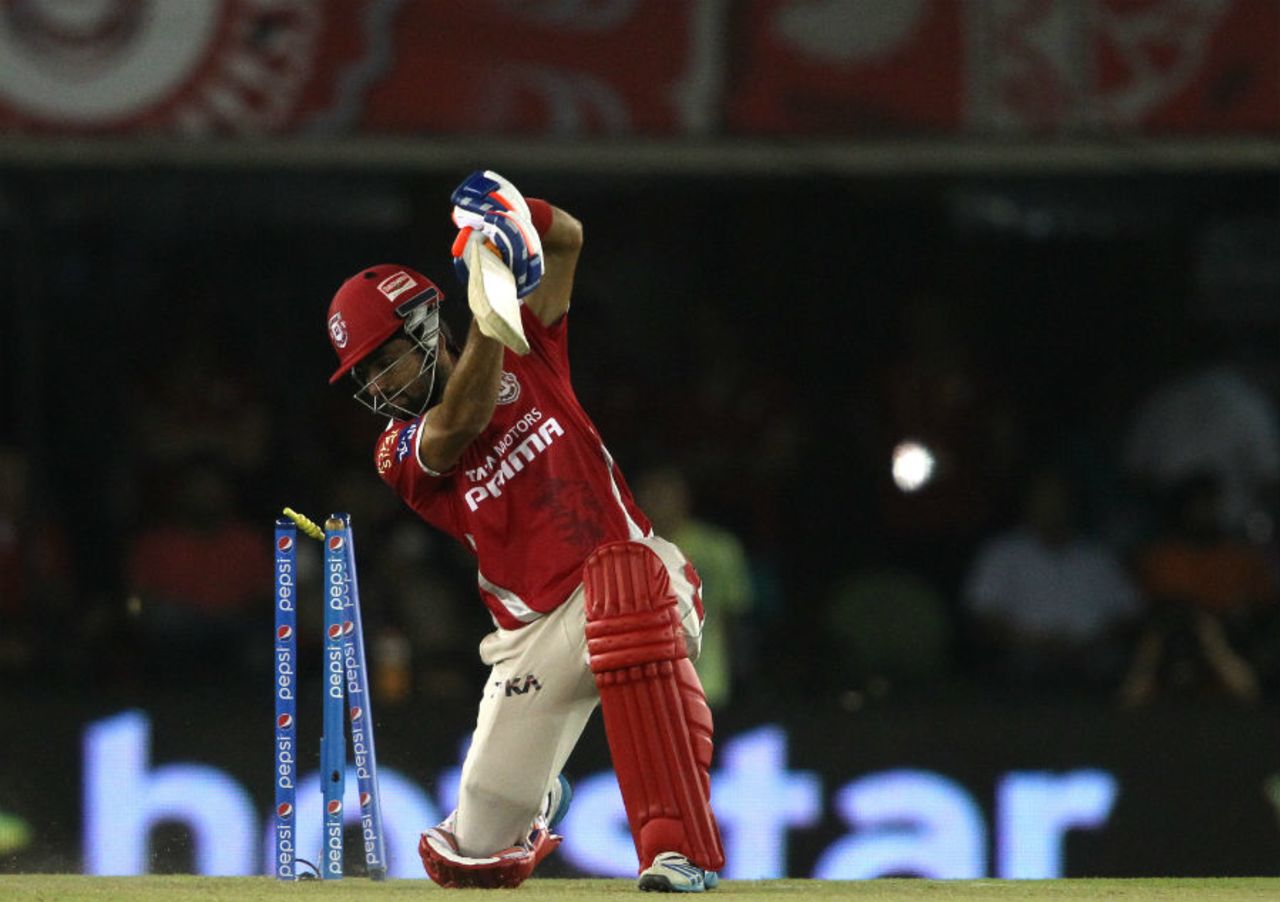 Manan Vohra has his stumps disturbed by a Trent Bout delivery, Kings XI Punjab v Sunrisers Hyderabad, IPL 2015, Mohali, April 27, 2015