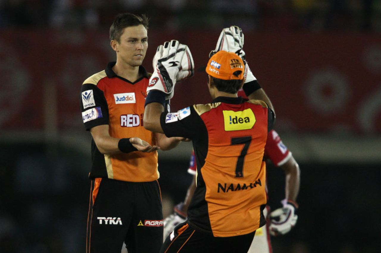 Trent Boult is congratulated after taking a wicket, Kings XI Punjab v Sunrisers Hyderabad, IPL 2015, Mohali, April 27, 2015