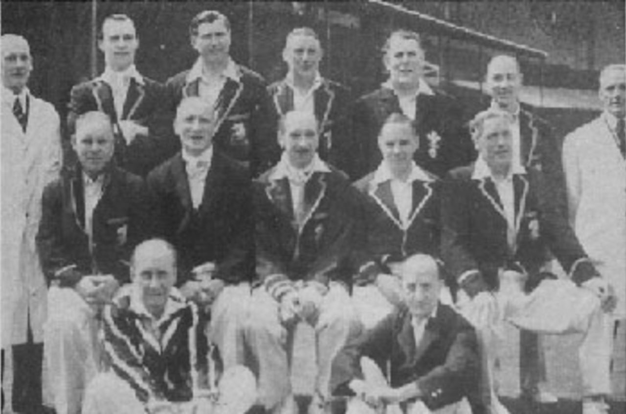 The Old England team which played Surrey at The Oval on May 23, 1946: back row-Jack Hobbs (umpire), Errol Holmes, Maurice Allom, Maurice Tate, Ted Brooks, Andrew Sandham, Herbert Strudwick (umpire); seated - Patsy Hendren, Douglas Jardine, Percy Fender (captain), Herbert Sutcliffe, Frank Woolley; front - Donald Knight, `Tich' Freeman