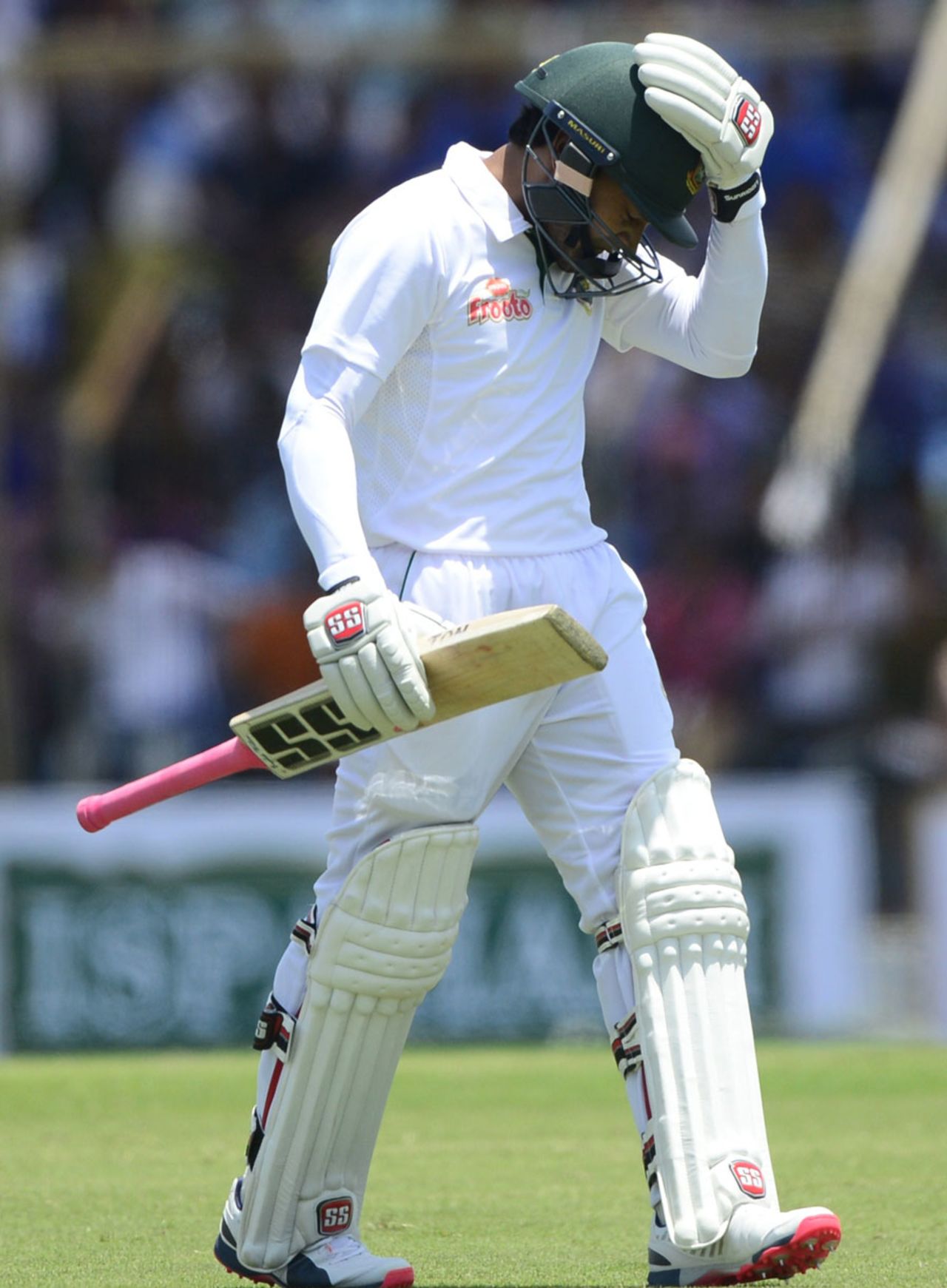 Mushfiqur Rahim is disappointed after mis-hitting to cover, Bangladesh v Pakistan, 1st Test, Khulna, 2nd day, April 29, 2015