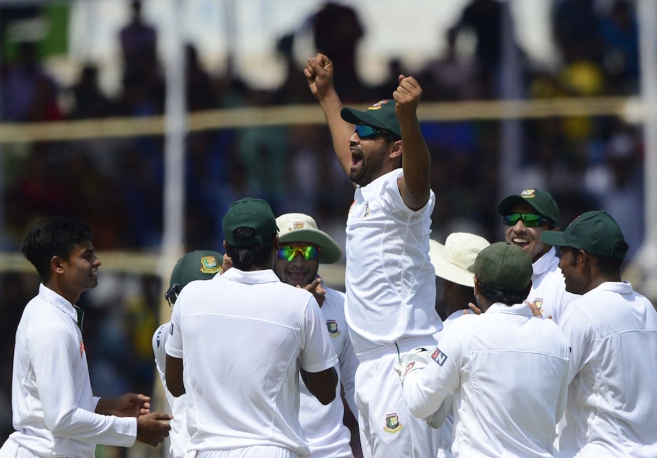Tamim Iqbal leaps up in celebration after the wicket of Sami Aslam, Bangladesh v Pakistan, 1st Test, Khulna, 2nd day, April 29, 2015