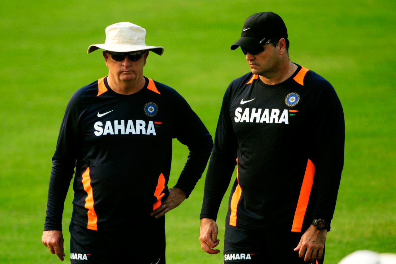Duncan Fletcher and Joe Dawes at a training session, Mirpur, March 14, 2012