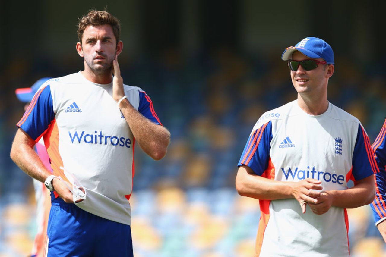 Liam Plunkett and Jonathan Trott look on during practice, Barbados, April 29, 205