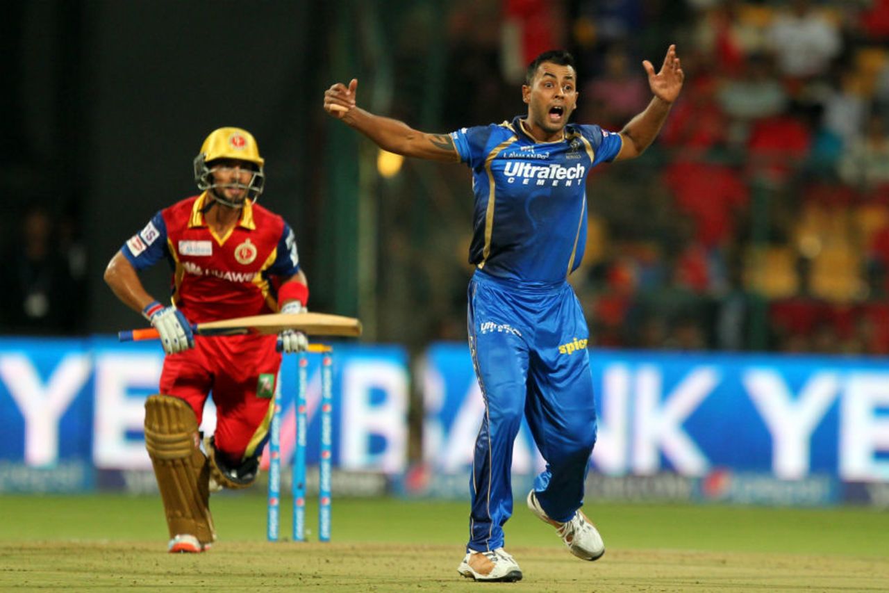Stuart Binny successfully appeals for the wicket of Mandeep Singh, Royal Challengers Bangalore v Rajasthan Royals, IPL 2015, Bangalore, April 29, 2015