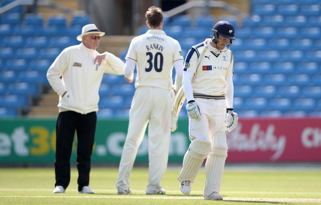 Andrew Gale was disappointed to be given out off a full toss, Yorkshire v Warwickshire, County Championship, Division One, Headingley, 3rd day, April 28, 2015