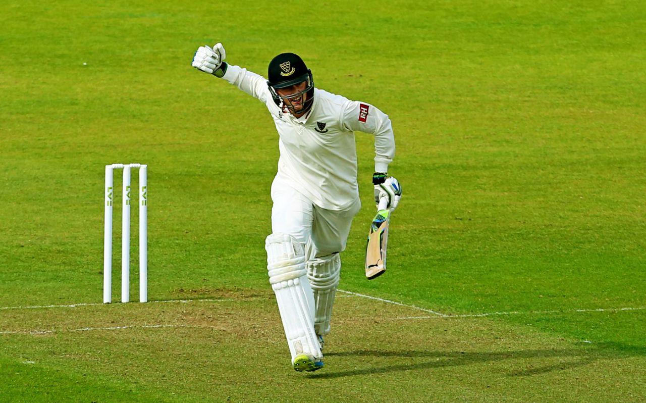 Oliver Robinson celebrates his hundred, Durham v Sussex, County Championship, Division One, 1st day, Chester-le-Street, April 26, 2015
