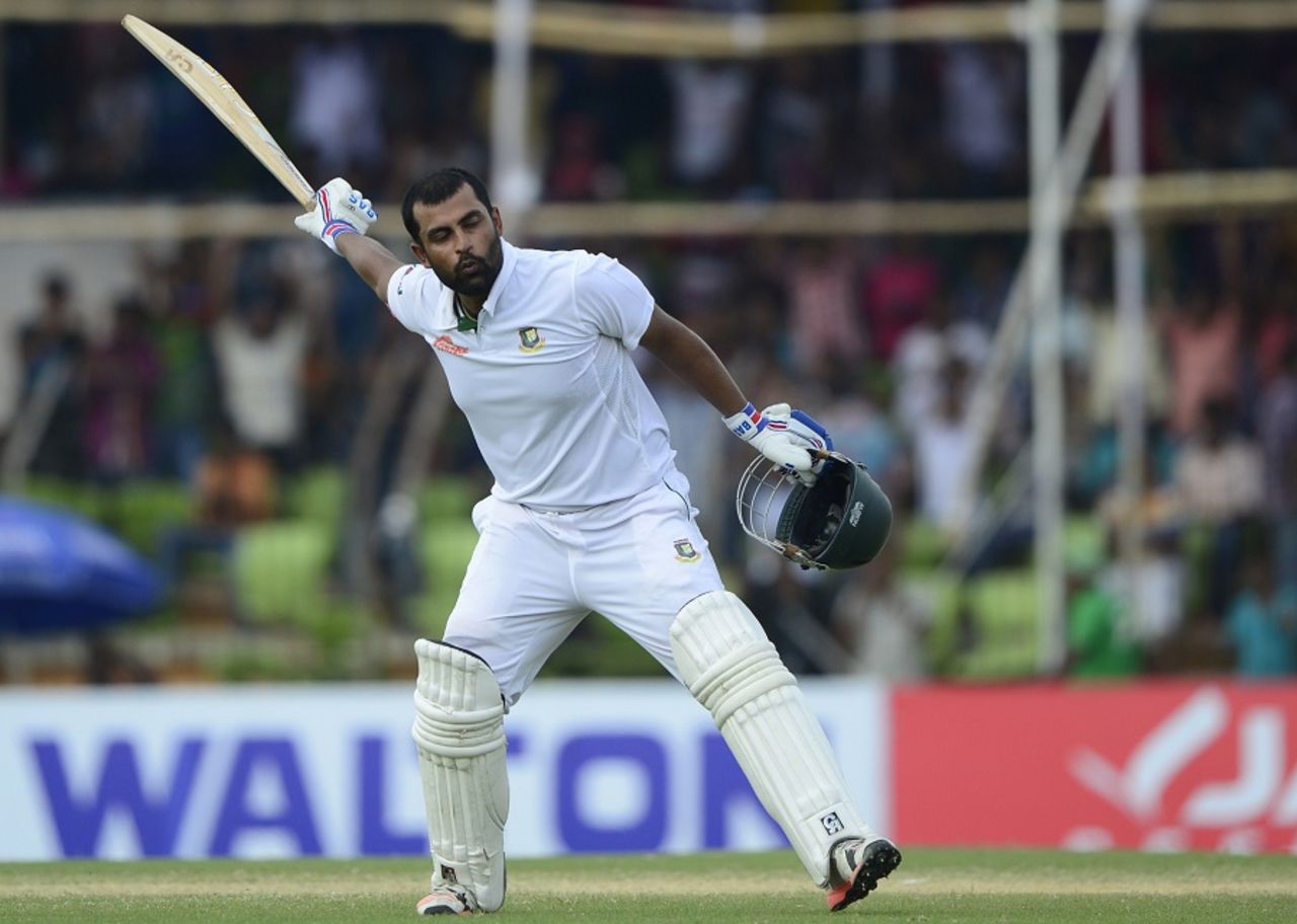 Tamim Iqbal celebrates his third century in as many Tests, Bangladesh v Pakistan, 1st Test, Khulna, 4th day, May 1, 2015