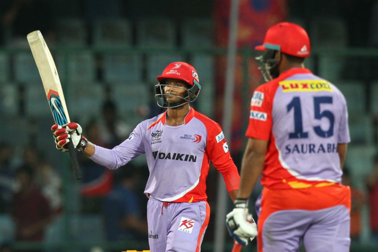Mayank Agarwal raises his bat after making fifty, Delhi Daredevils v Kings XI Punjab, IPL 2015, Delhi, May 1, 2015