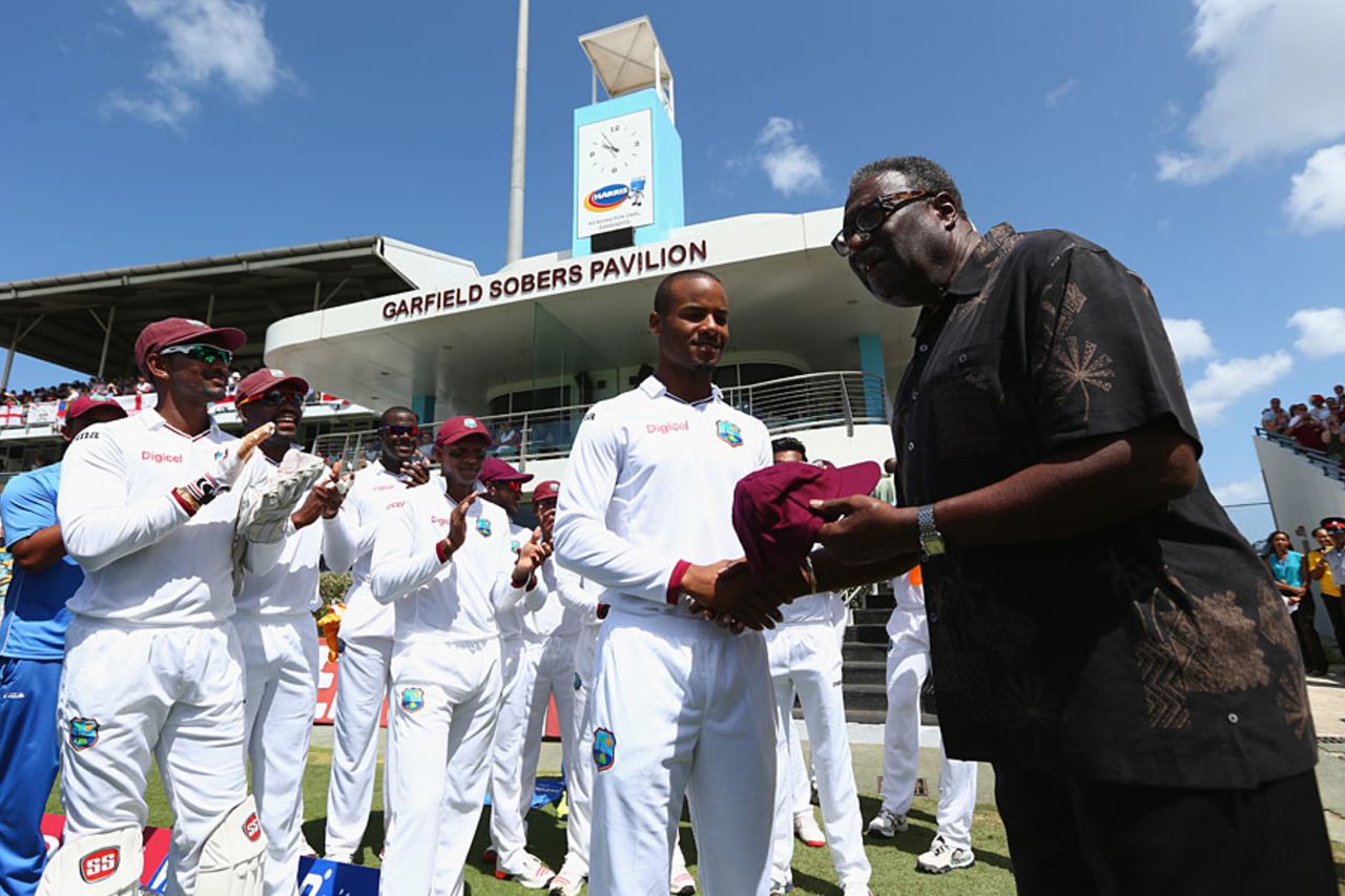 Clive Lloyd hands Shai Hope his cap on debut, West Indies v England, 3rd Test, Bridgetown, 1st day, May 1, 2015