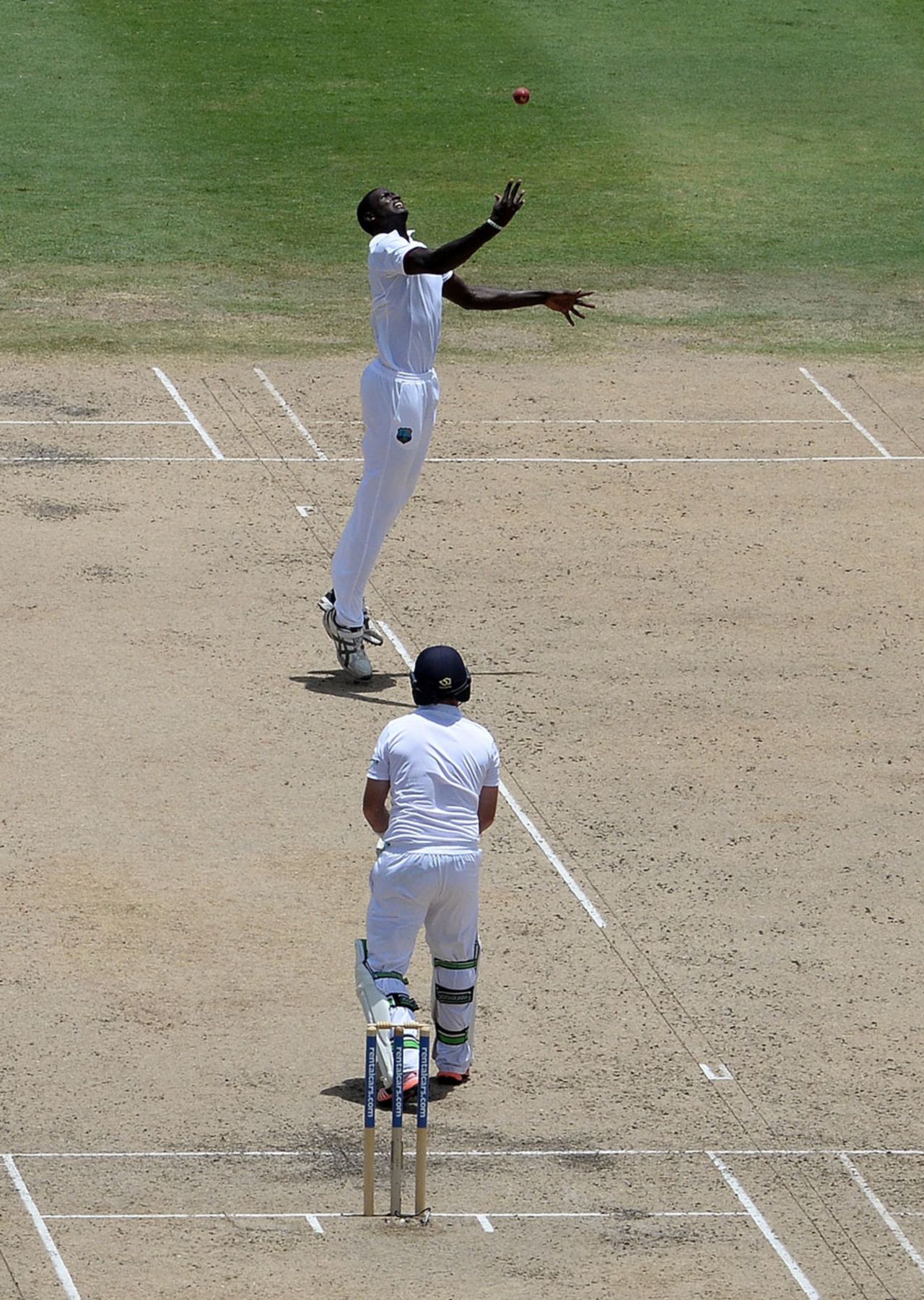 Jason Holder celebrates catching Ian Bell off his own bowling, West Indies v England, 3rd Test, Bridgetown, 1st day, May 1, 2015