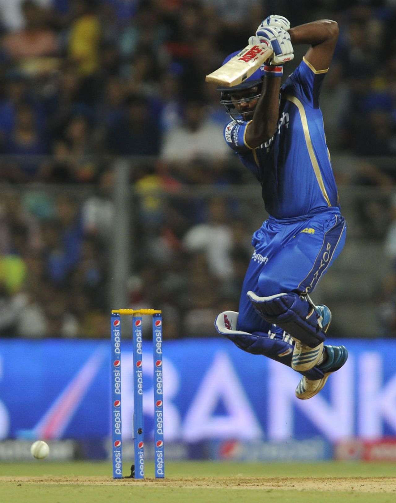 Sanju Samson rises to drive through cover, Mumbai Indians v Rajasthan Royals, IPL 2015, Mumbai, May 1, 2015 