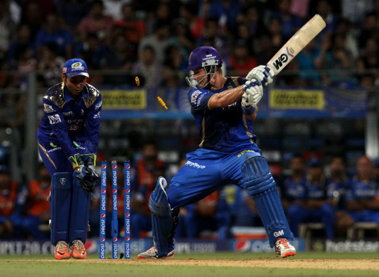 Shane Watson is bowled by J Suchith, Mumbai Indians v Rajasthan Royals, IPL 2015, Mumbai, May 1, 2015 