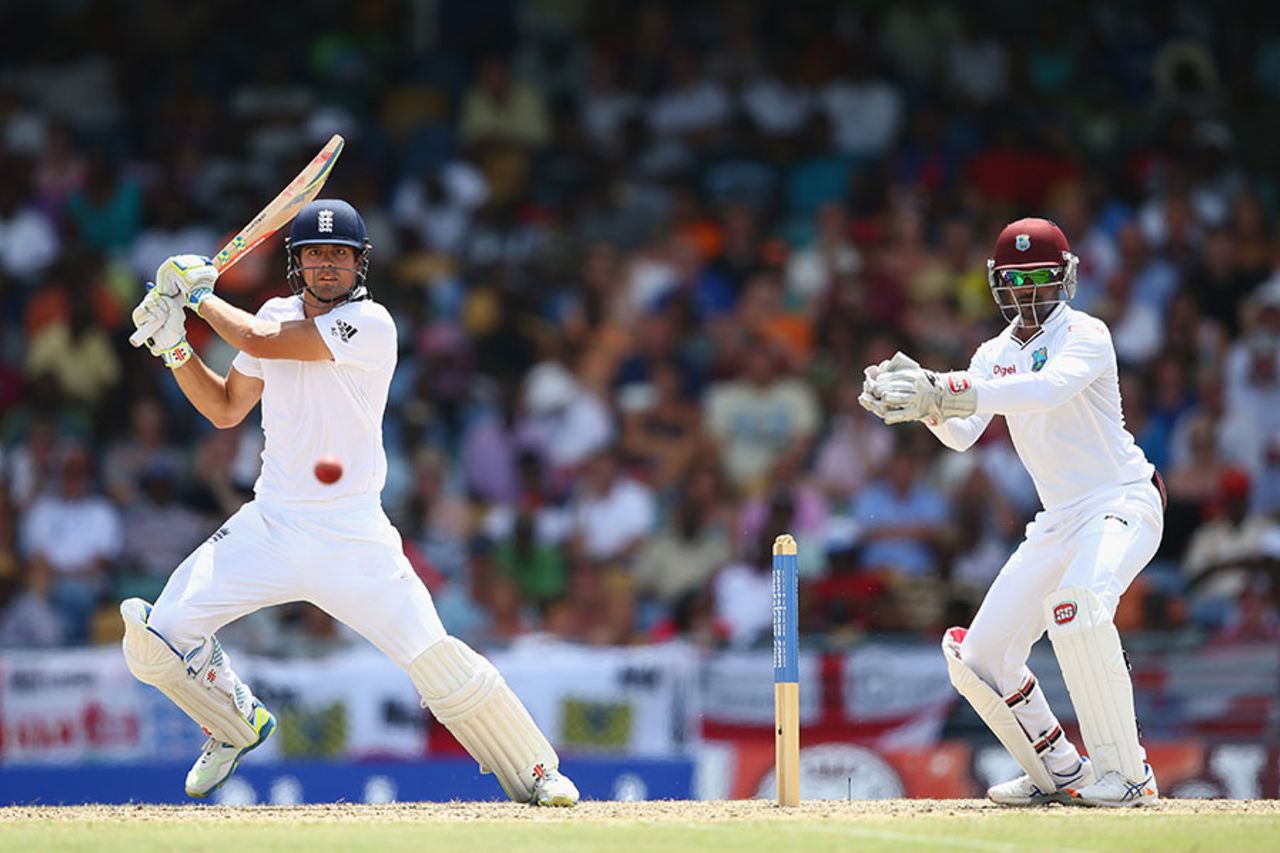 Alastair Cook played steadily to reach another half-century, West Indies v England, 3rd Test, Bridgetown, 1st day, May 1, 2015