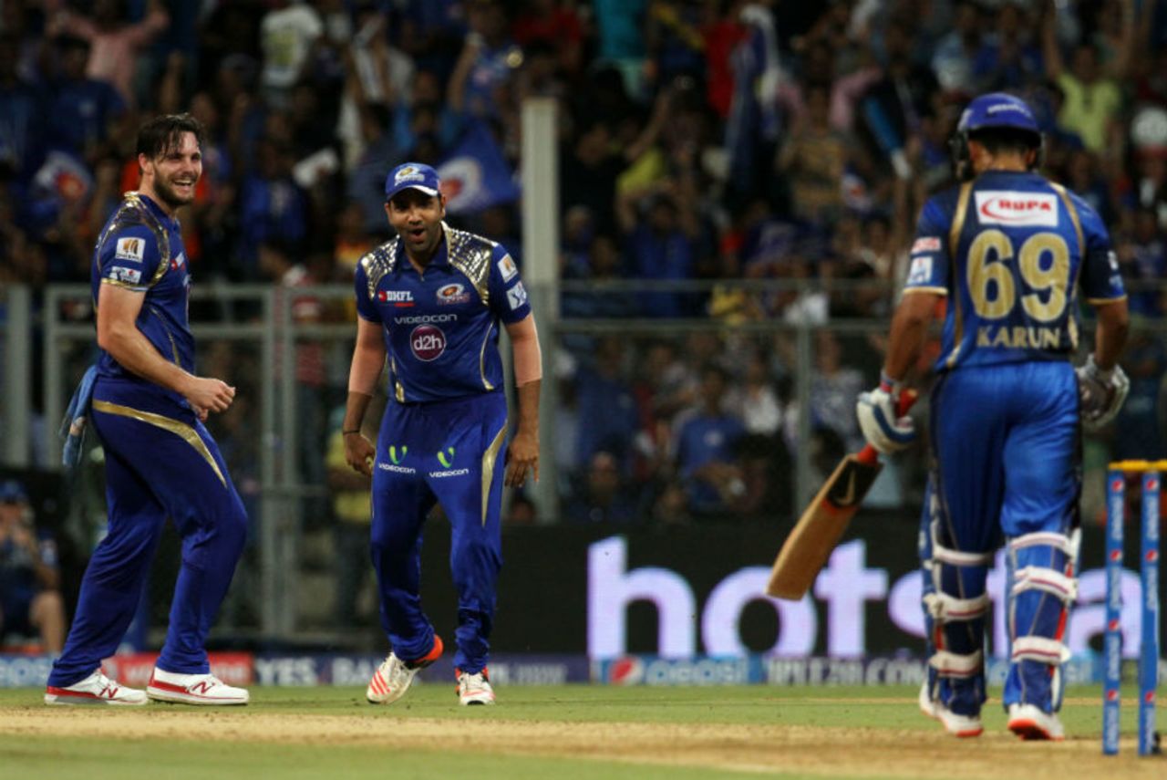 Mitchell McClenaghan celebrates after dismissing Karun Nair, Mumbai Indians v Rajasthan Royals, IPL 2015, Mumbai, May 1, 2015 