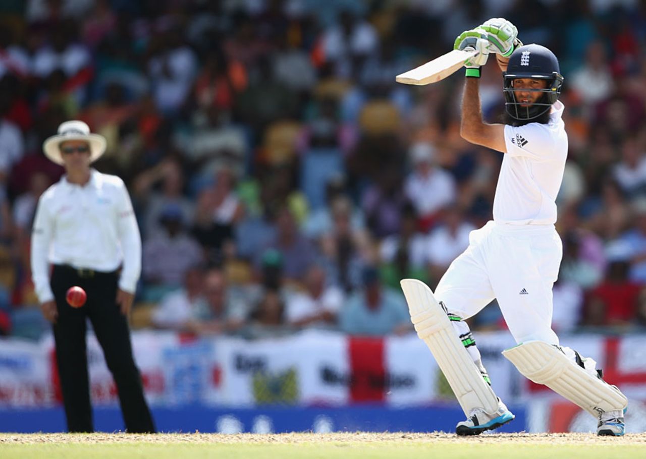 Moeen Ali flows through the off side, West Indies v England, 3rd Test, Bridgetown, 1st day, May 1, 2015