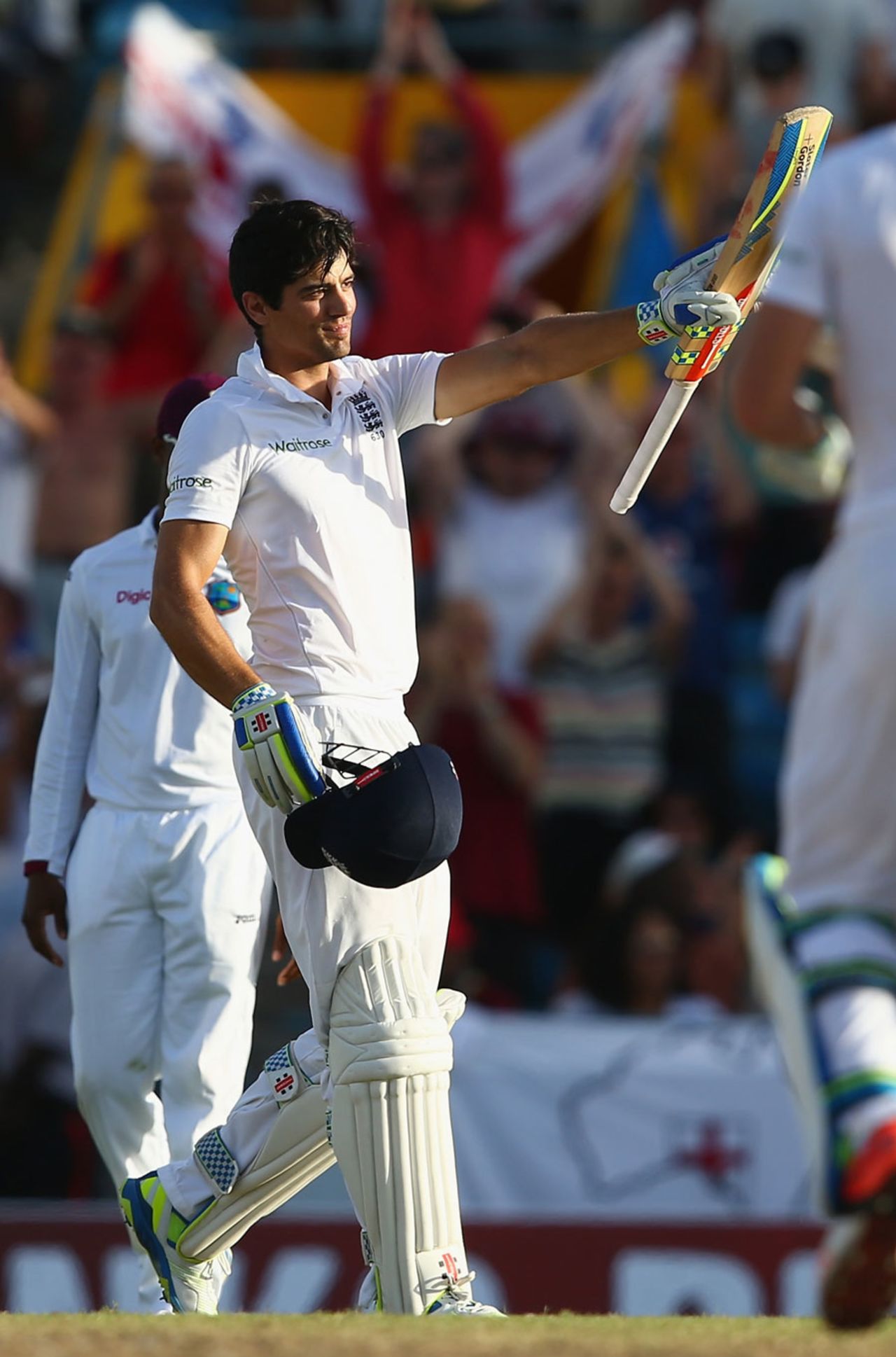 Alastair Cook celebrates his 26th Test hundred, West Indies v England, 3rd Test, Bridgetown, 1st day, May 1, 2015