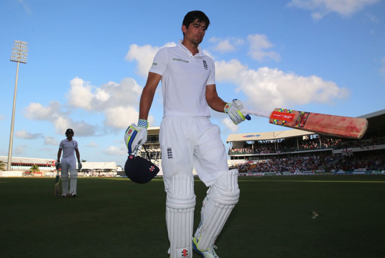 Alastair Cook walks off after being dismissed for 105, West Indies v England, 3rd Test, Bridgetown, 1st day, May 1, 2015