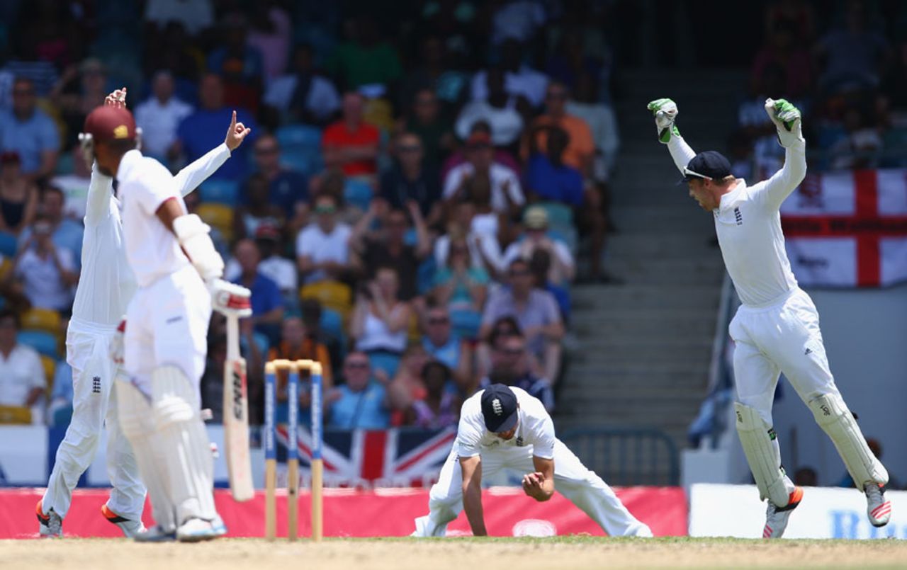 Alastair Cook took a low catch to dismiss Shai Hope, West Indies v England, 3rd Test, Bridgetown, 2nd day, May 2, 2015