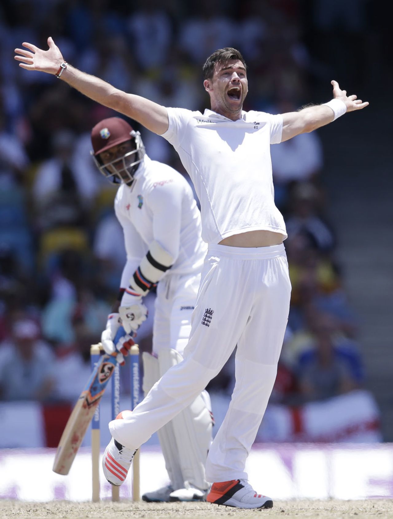 James Anderson appeals successfully for the wicket of Marlon Samuels, West Indies v England, 3rd Test, Bridgetown, 2nd day, May 2, 2015