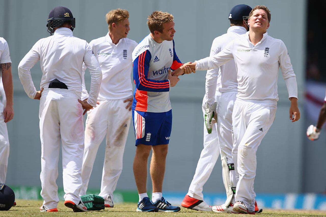 Gary Ballance took a painful blow on the wrist at short leg, West Indies v England, 3rd Test, Bridgetown, 2nd day, May 2, 2015