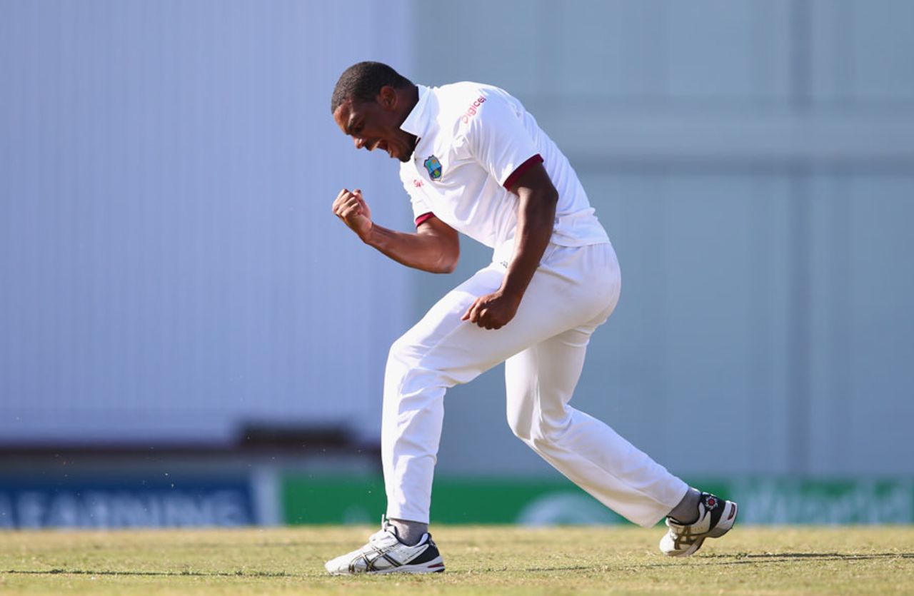 Shannon Gabriel roars after removing Alastair Cook, West Indies v England, 3rd Test, Bridgetown, 2nd day, May 2, 2015
