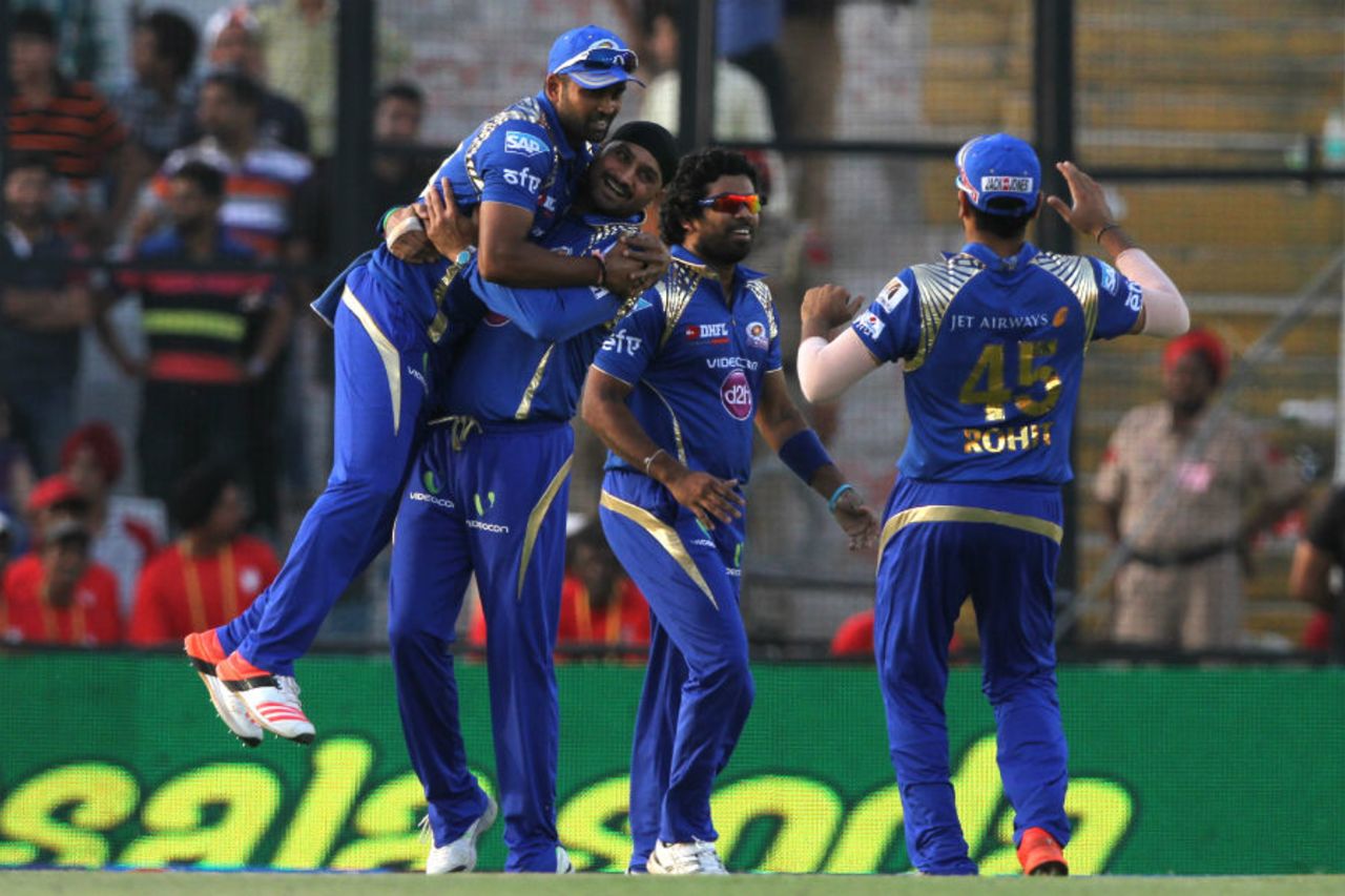 Harbhajan Singh celebrates a wicket with his team-mates, Kings XI Punjab v Mumbai Indians, IPL 2015, Mohali, May 3, 2015