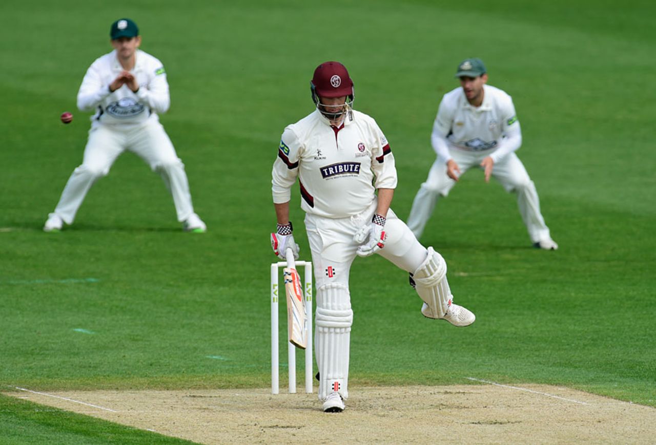 The end result of this pose was Marcus Trescothick being caught off the glove, Worcestershire v Somerset, County Championship, Division One, New Road, 1st day, May 3, 2015