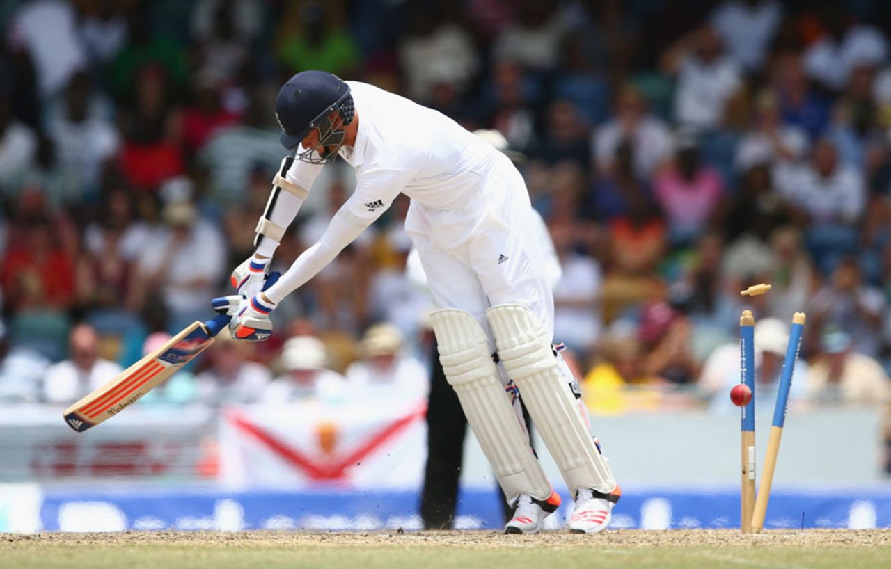 Stuart Broad loses his off stump, West Indies v England, 3rd Test, Bridgetown, 3rd day, May 3, 2015