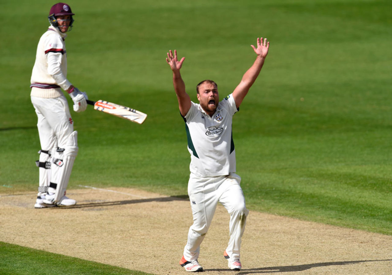 Joe Leach appeals unsuccessfully for the wicket of Craig Overton, Worcestershire v Somerset, County Championship, Division One, New Road, 1st day, May 3, 2015
