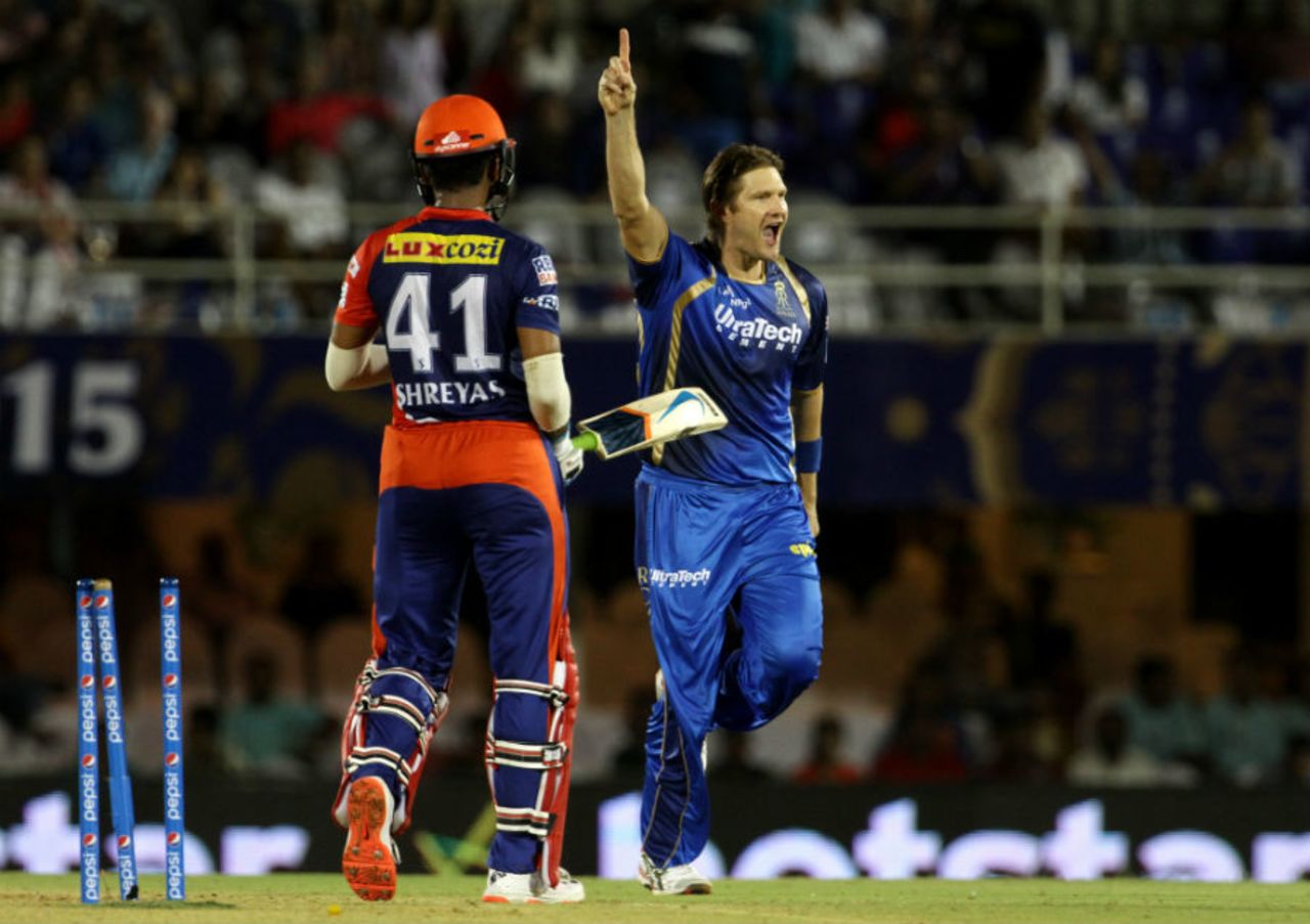 Shane Watson celebrates after dismissing Shreyas Iyer, Rajasthan Royals v Delhi Daredevils, IPL 2015, Mumbai, May 3, 2015