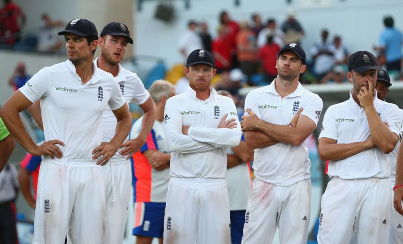 Alastair Cook, Stuart Broad, Ian Bell, James Anderson and Jonathan Trott at the presentations, West Indies v England, 3rd Test, Bridgetown, 3rd day, May 3, 2015