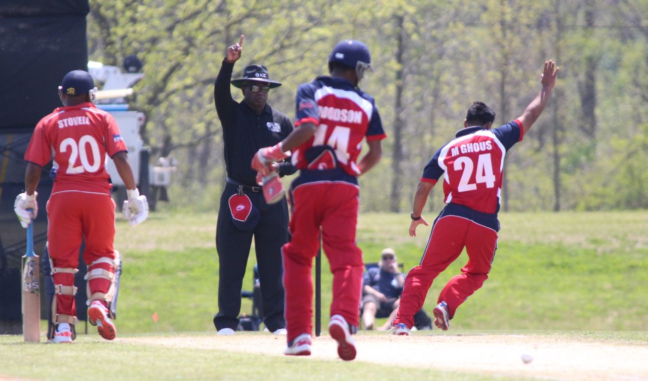 Muhammad Ghous wins a successful LBW appeal, USA v Bermuda, ICC Americas Regional T20, Indianapolis, May 3, 2015