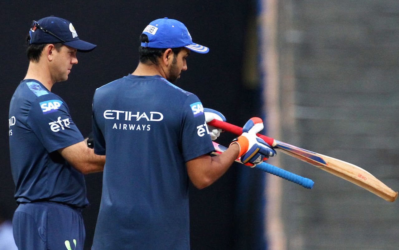 Ricky Ponting and Rohit Sharma inspect their bats, IPL 2015, Mumbai, May 5, 2015