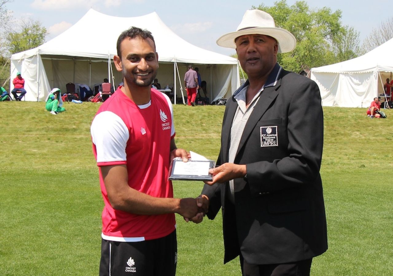 Cecil Pervez accepts his Man-of-the-Match award, United States of America v Canada, ICC Americas Regional T20, Indianapolis, May 5, 2015