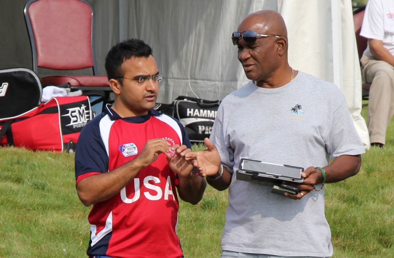 Nisarg Patel with USACA selection chairman Barney Jones, ICC Americas Regional T20, Indianapolis, May 5, 2015