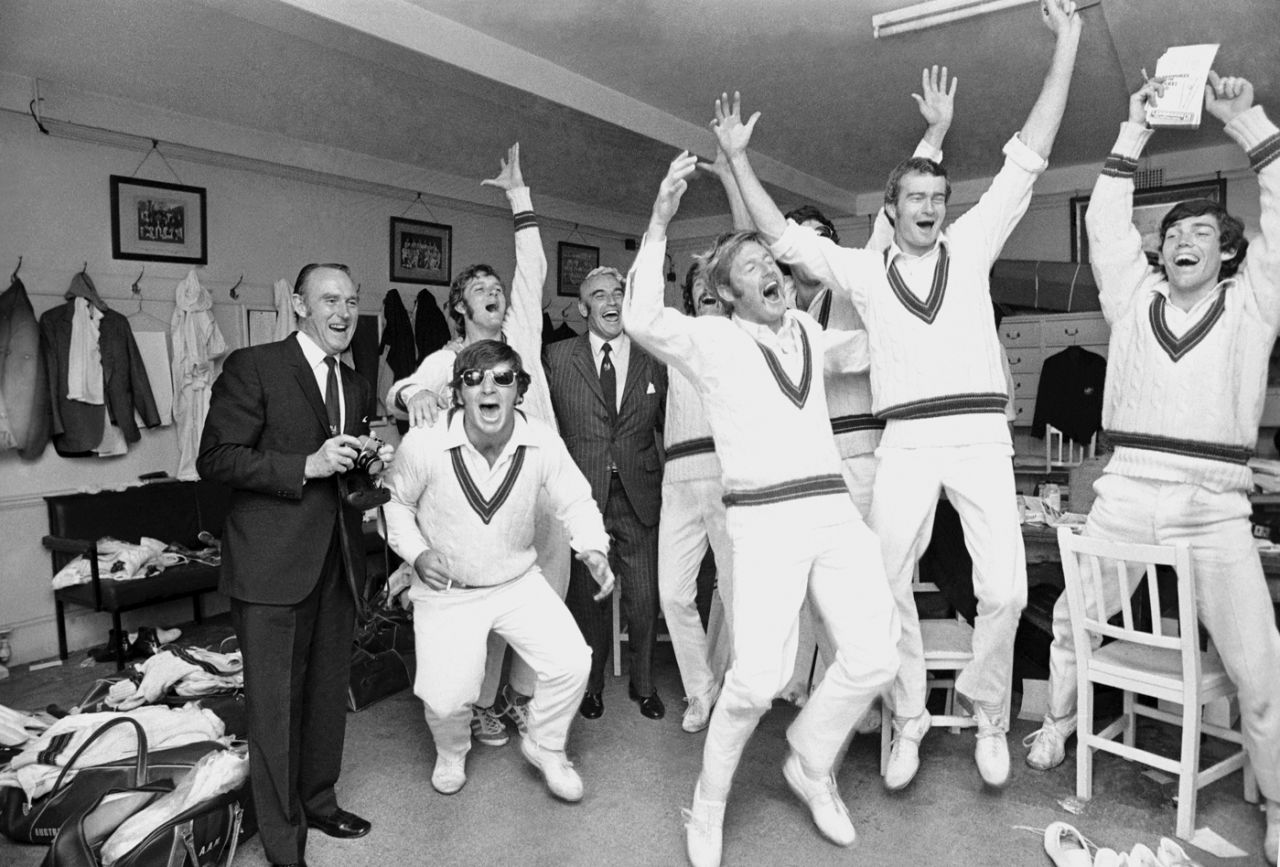 Members of the Australia team celebrate winning the second Test. From left: Fred Bennett, Rod Marsh, Bob Massie, Tony Steele, Dennis Lillee, Ross Edwards, Ashley Mallett and Jeff Hammond. England v Australia, second Test, Lord's, 4th day, June 26 1972