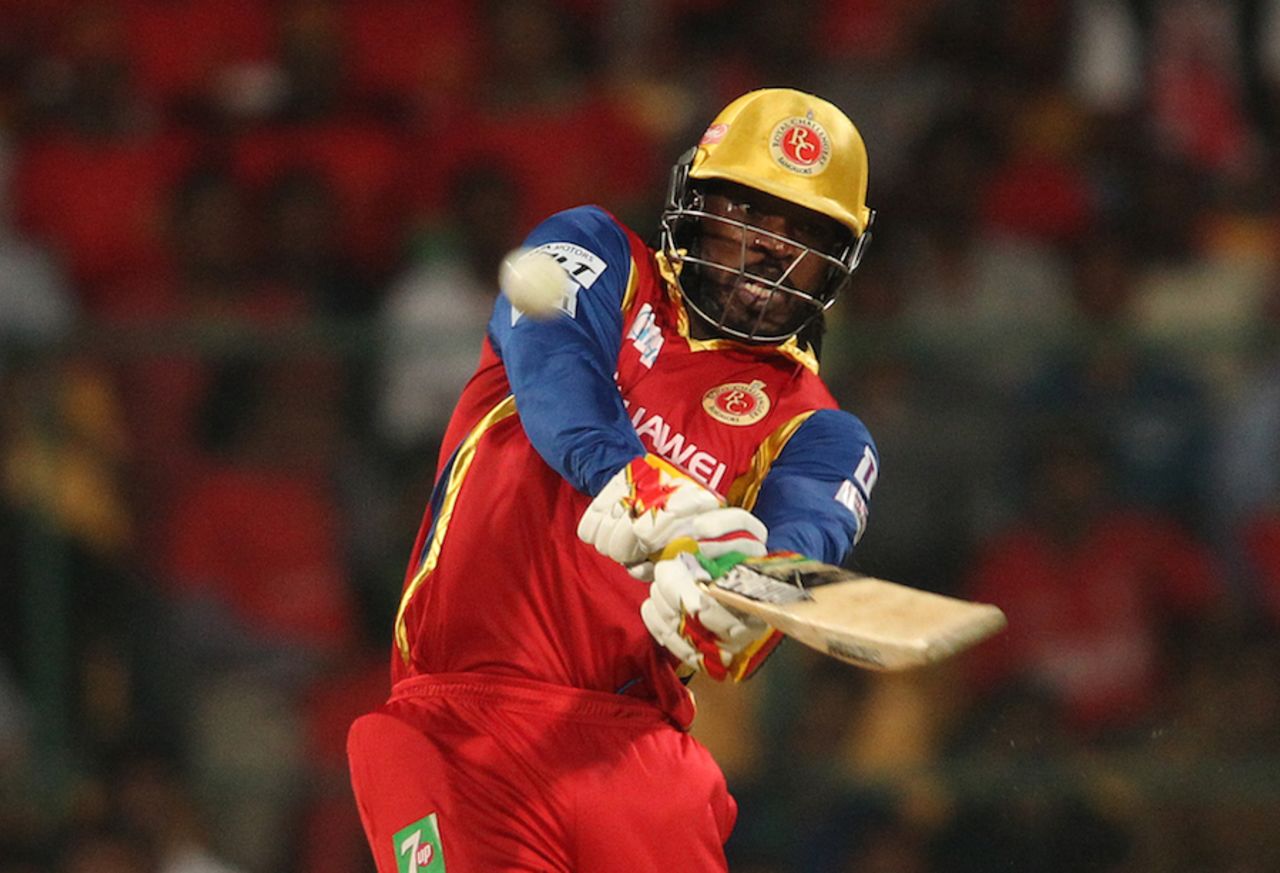 Chris Gayle bludgeons one into the stands, Royal Challengers Bangalore v Kings XI Punjab, IPL 2015, Bangalore, May 6, 2015
