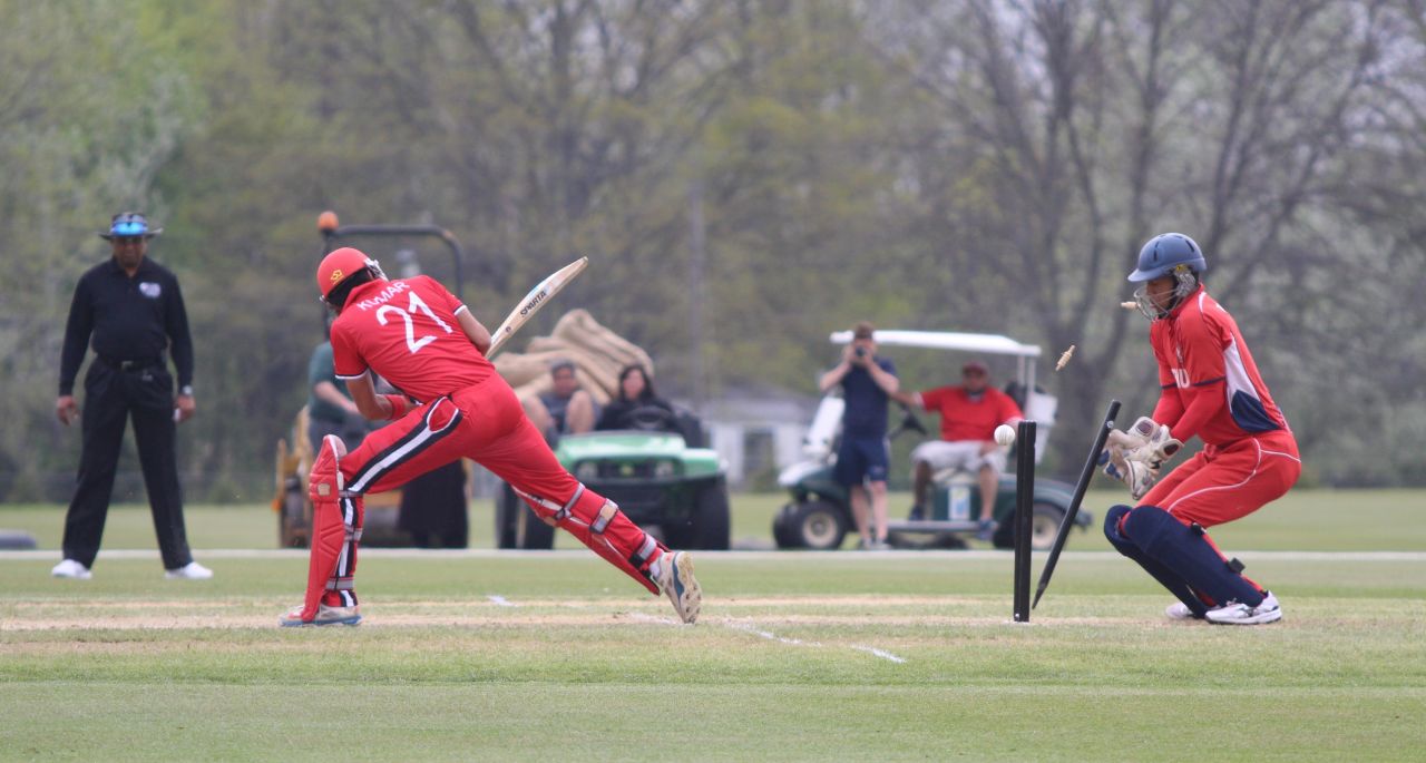 Nitish Kumar is bowled after missing a reverse sweep, Bermuda v Canada, ICC Americas Regional T20, Indianapolis, May 4, 2015