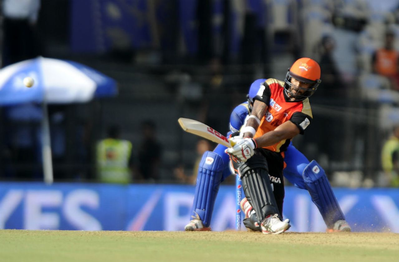 Shikhar Dhawan hits it to the leg side, Rajasthan Royals v Sunrisers Hyderabad, IPL 2015, Mumbai, May 7, 2015