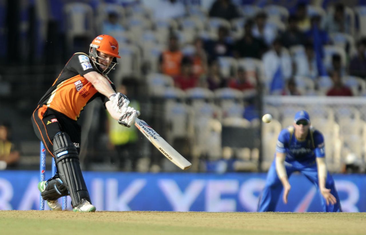 Eoin Morgan hits over the top, Rajasthan Royals v Sunrisers Hyderabad, IPL 2015, Mumbai, May 7, 2015