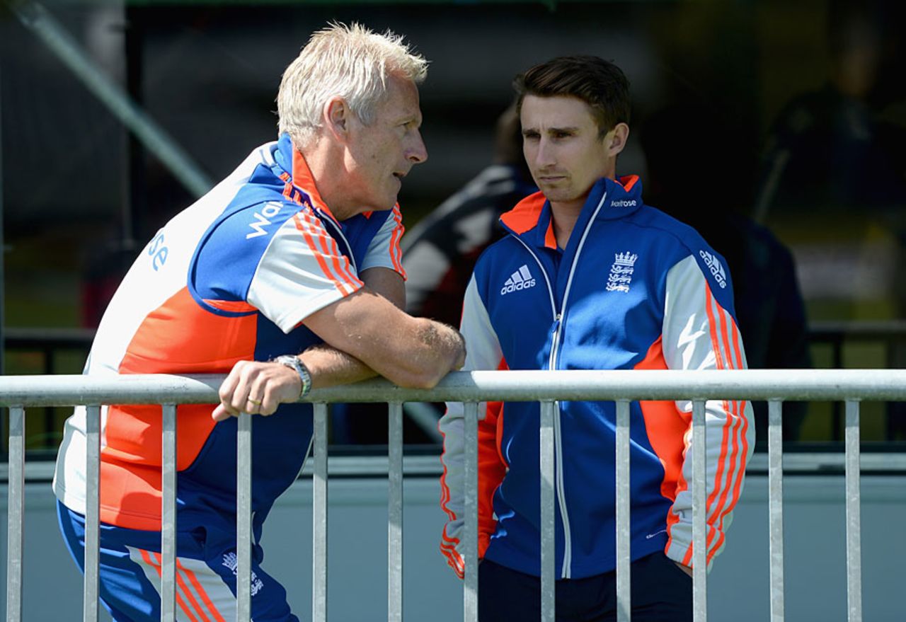 Peter Moores alongside England's latest captain James Taylor, Malahide, May 7, 2015