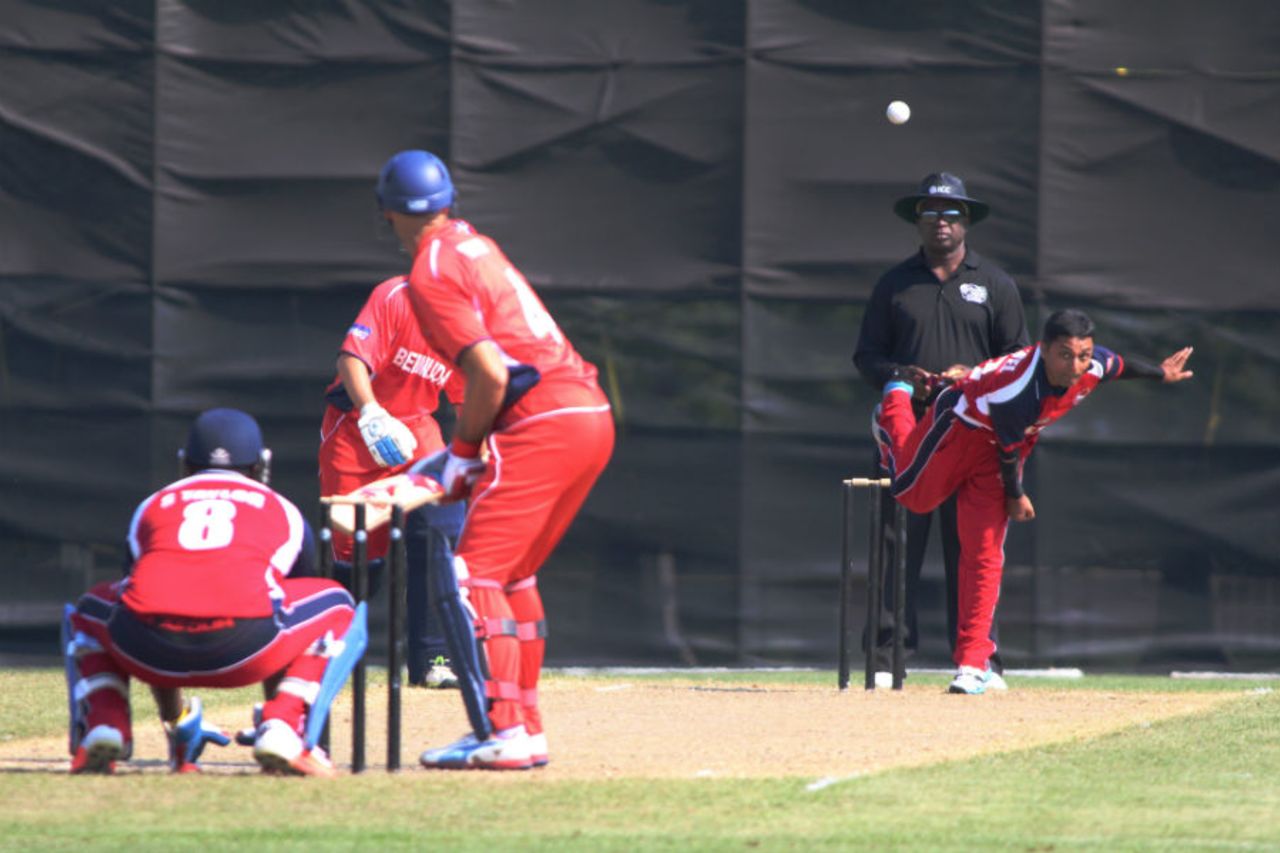 Timil Patel flights the ball, United States of America v Bermuda, ICC Americas Region Division One Twenty20, May 7, 2015