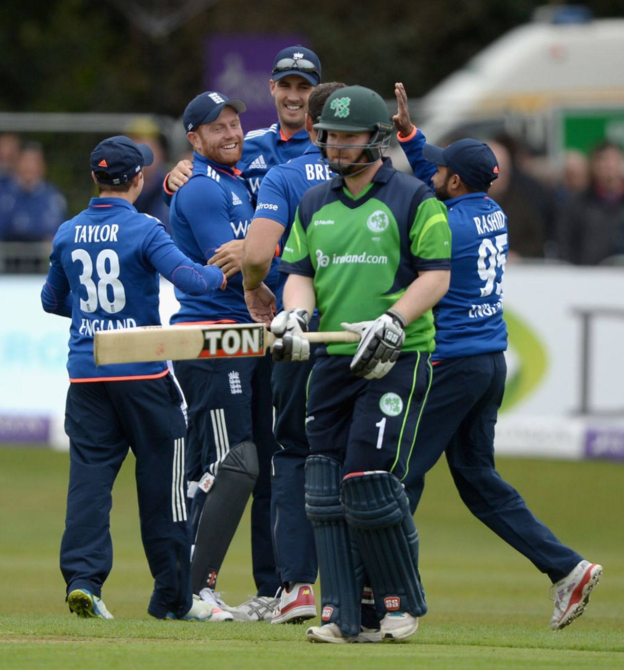 England celebrate Jonny Bairstow's run-out of Paul Stirling, Ireland v England, only ODI, Malahide, May 8, 2015