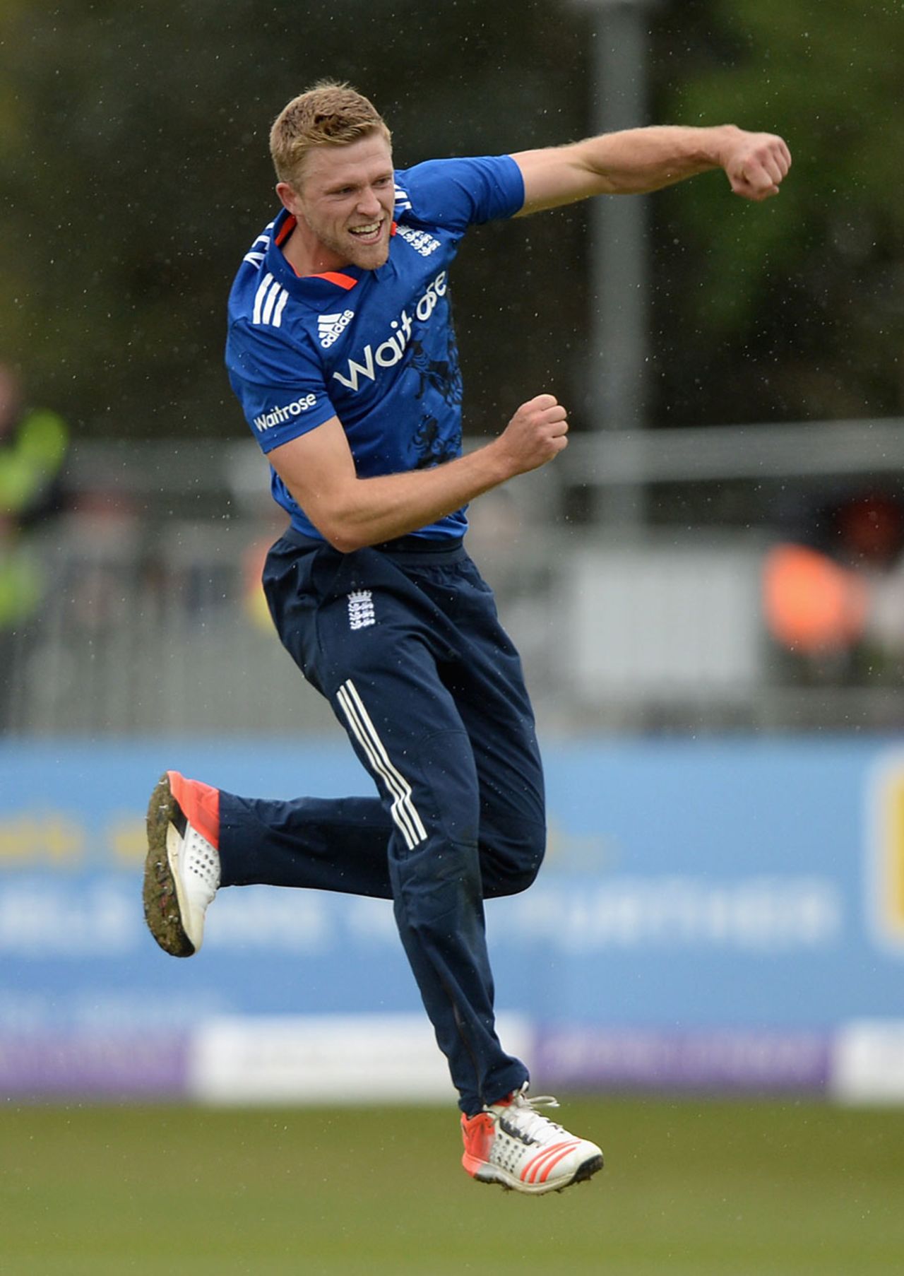 David Willey celebrates his maiden international wicket, Ireland v England, only ODI, Malahide, May 8, 2015