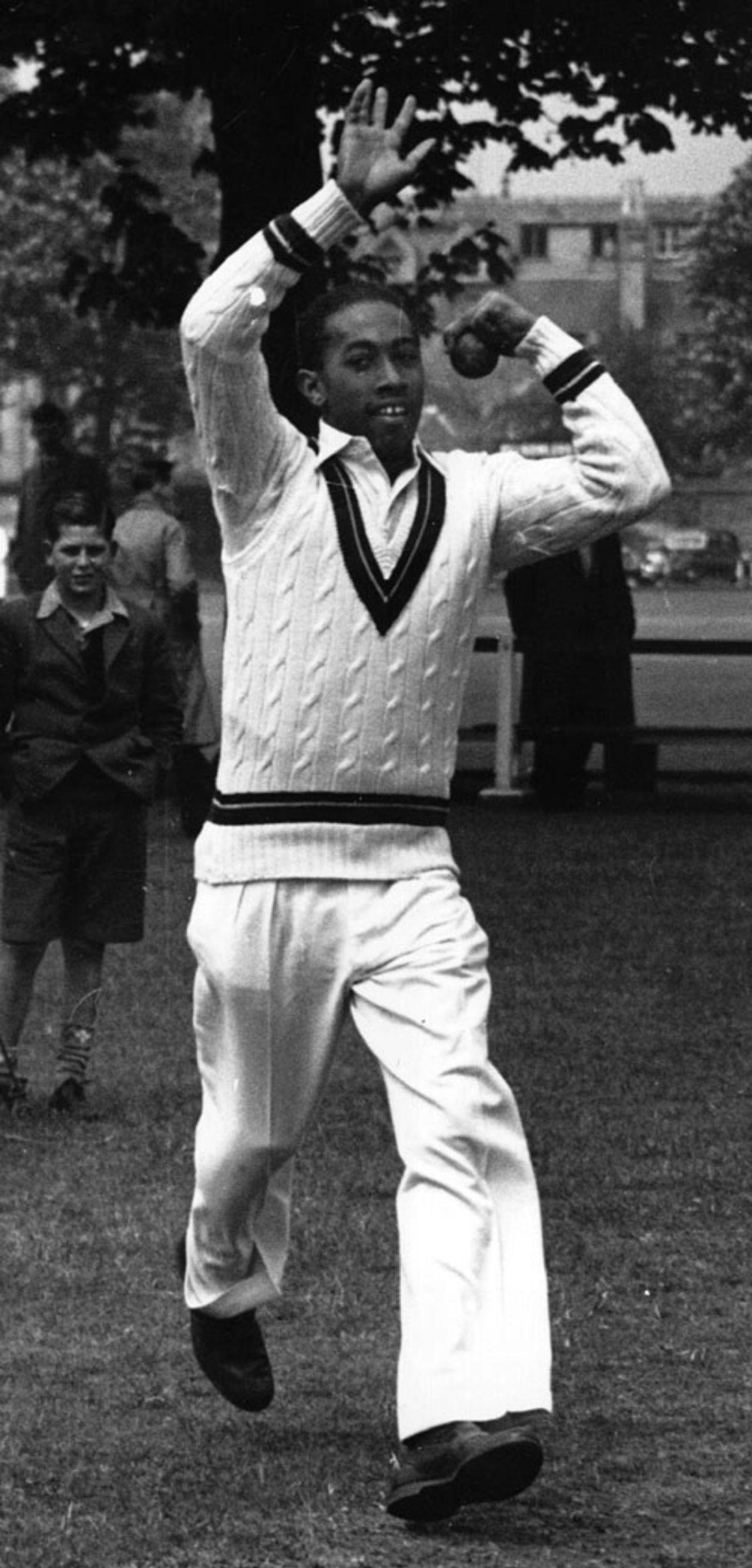 Alf Valentine bowling in the nets, June 24, 1950
