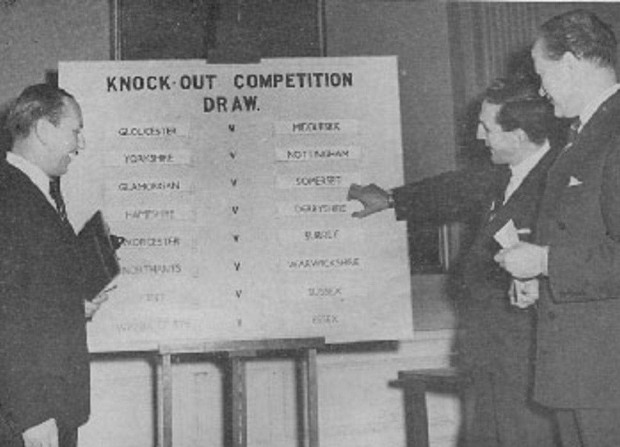 The first draw for the Gillette Cup at Lord's, 1963.   Billy Griffith (left), Donald Carr and J Dunbar officiate