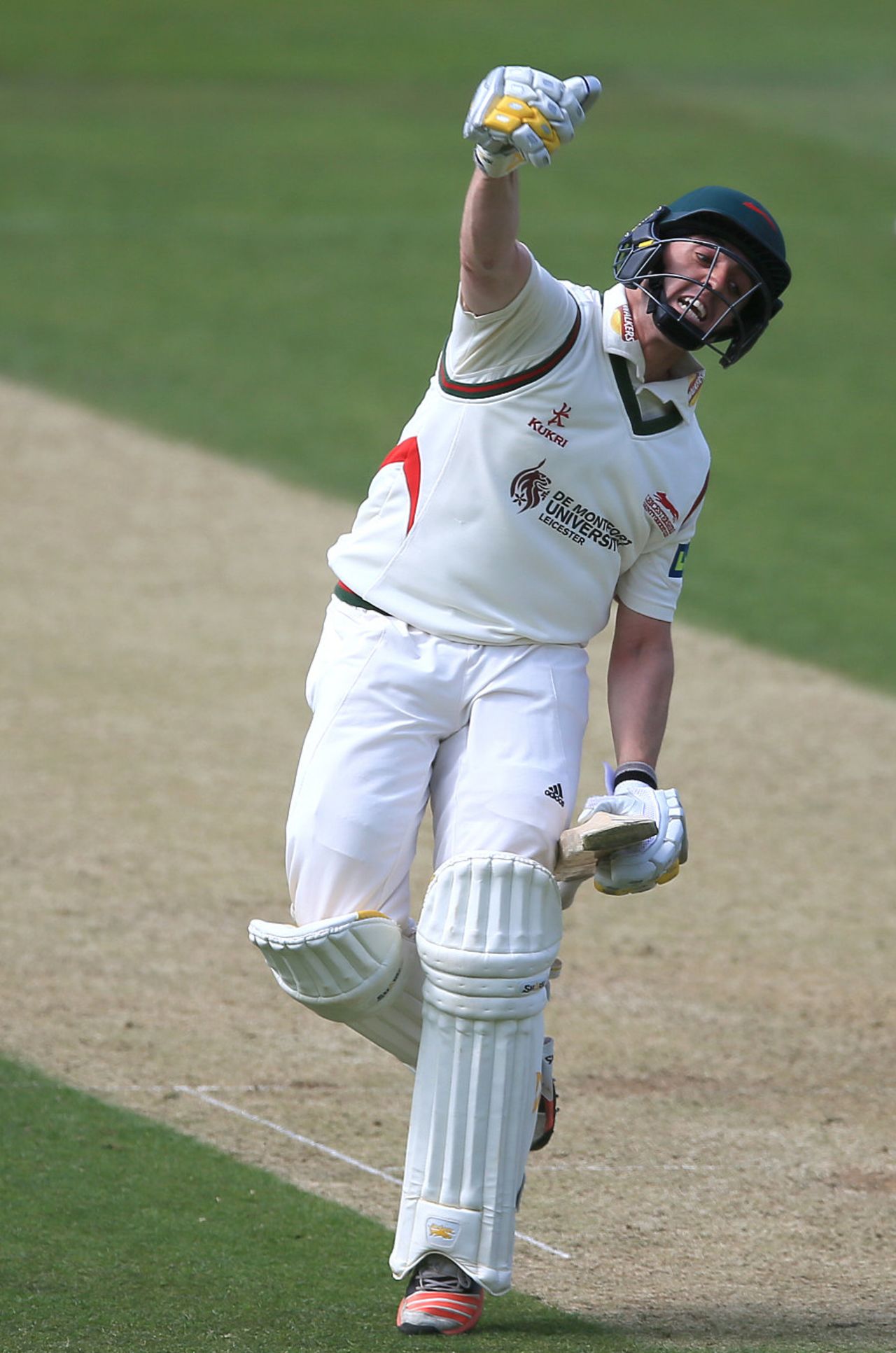 Lewis Hill celebrates his maiden first-class hundred, Surrey v Leicestershire, County Championship, Division Two, 1st day, Kia Oval, May 10, 2015