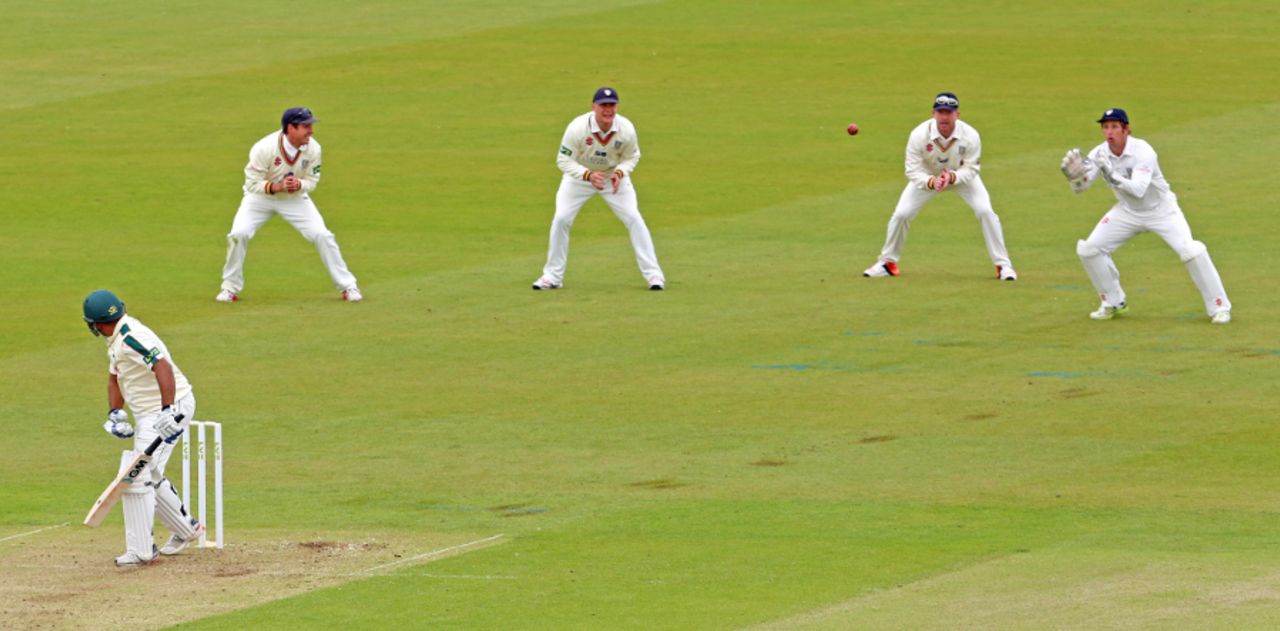 Phil Mustard prepares to take the catch to remove Samit Patel, Durham v Nottinghamshire, County Championship, Division One, 1st day Chester-le-Street, May 10, 2015
