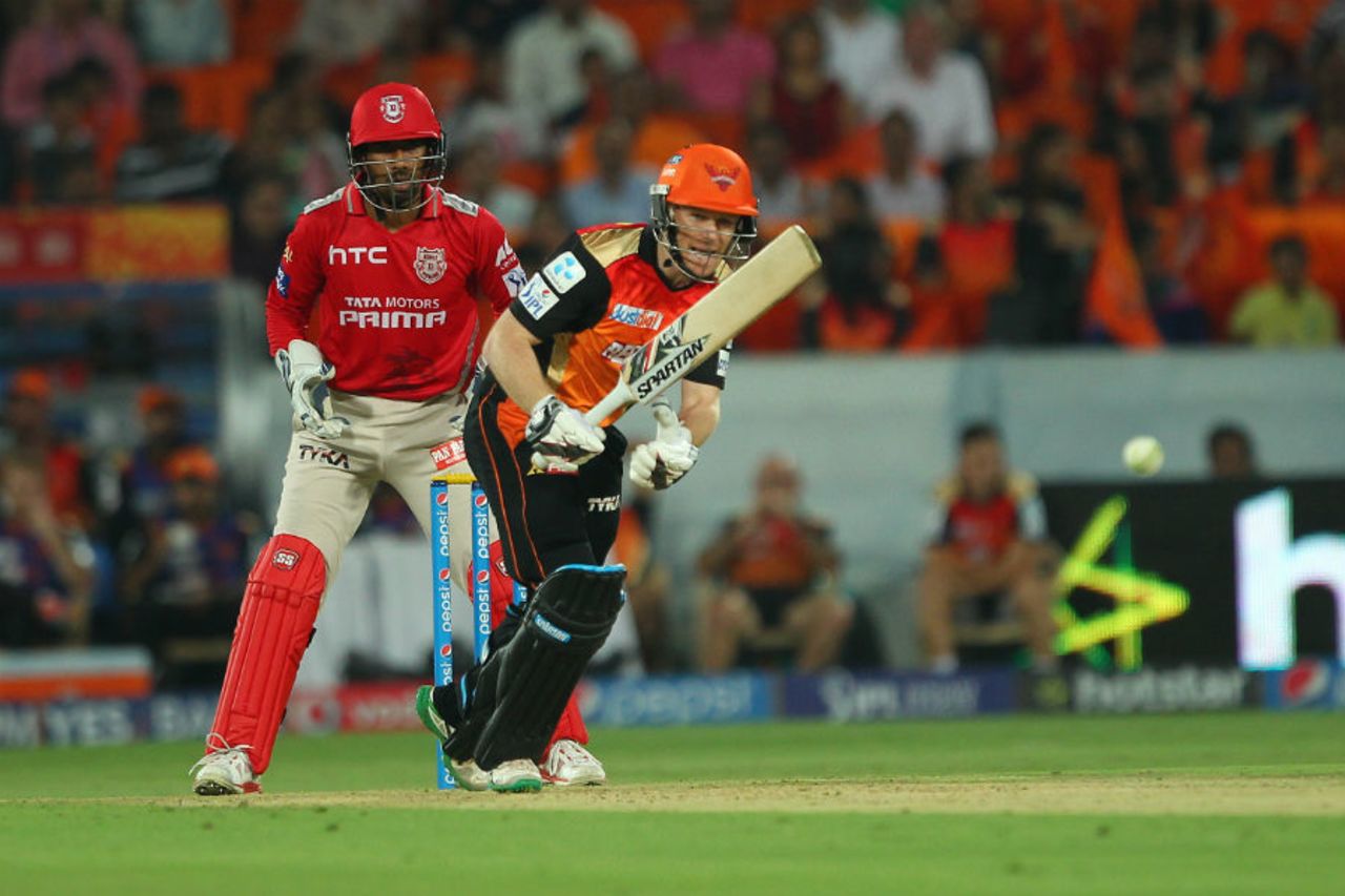 Eoin Morgan drives down the ground, Sunrisers Hyderabad v Kings XI Punjab, IPL 2015, Hyderabad, May 11, 2015